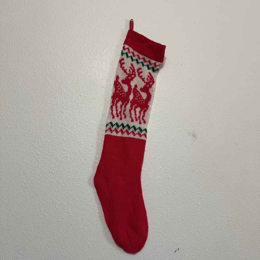 Vintage Knit Christmas Stocking Red White‎ & Green Reindeer Pattern Classic